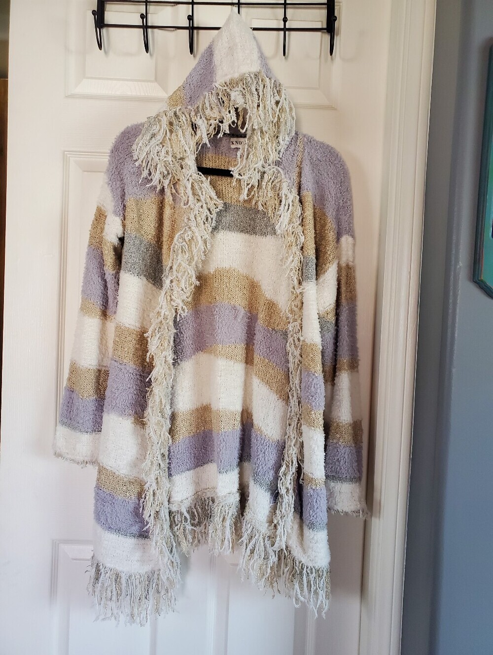 Fringed Multicolor Cardigan Hooded Sweater Longline Striped Teddy Snug Knox Rose